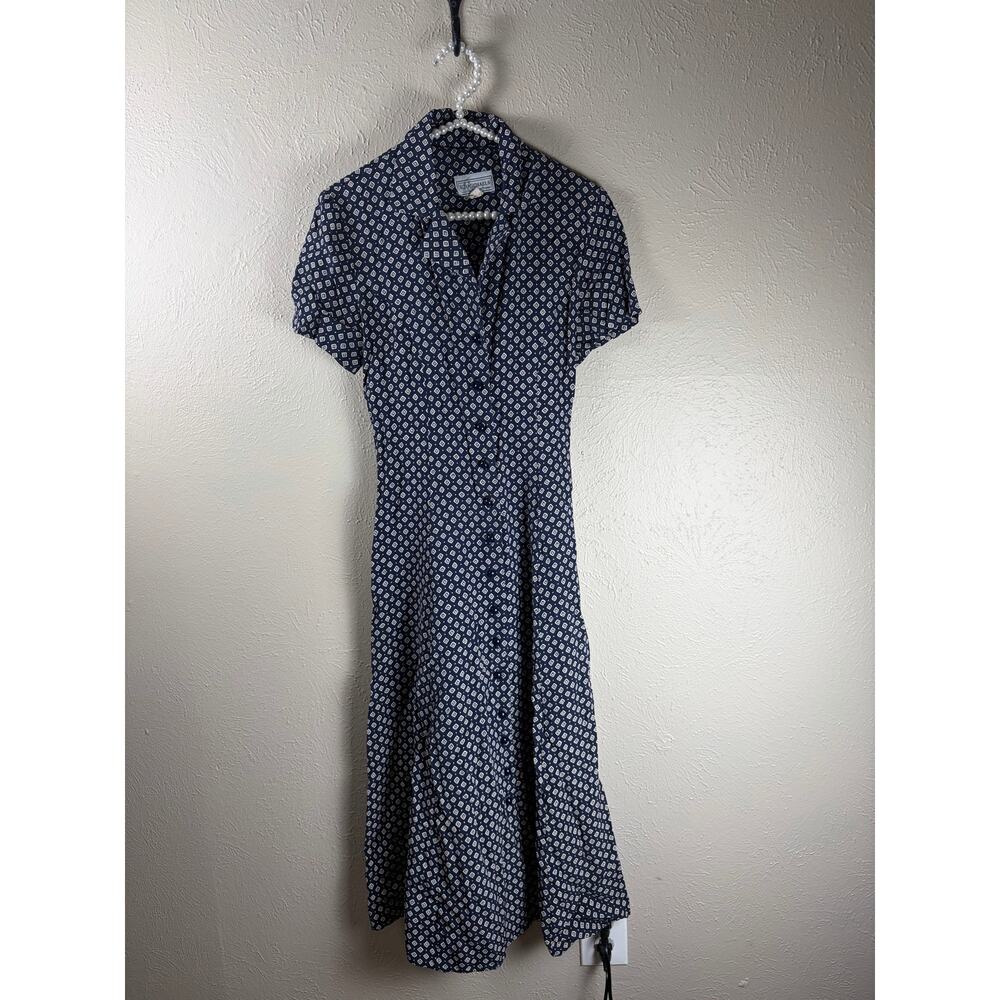 Vintage ED Michaels Dress Size 6 Blue Button Front Prairie 1970s 80s Midi Preppy